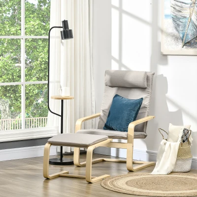 HOMCOM Relaxsessel mit passendem Fußhocker aus Holz und Stoff mit Kopfkissen, 67x69x100cm, Grau