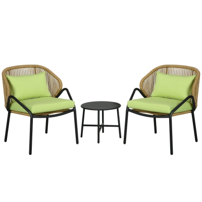 Outsunny Conjunto de Muebles de Terraza de Ratán 3 Piezas Cojines de Asiento y Respaldo Ratán Artificial Marco de Metal Verde