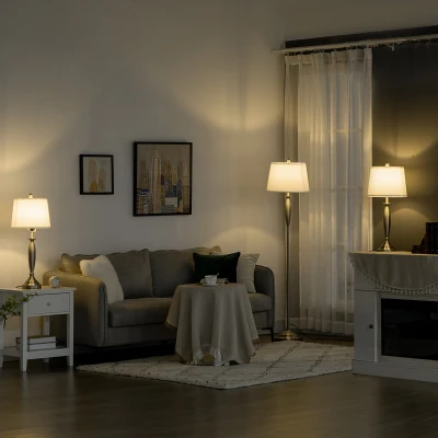 HOMCOM Conjunto de 3 luces 1 lámpara de pie 2 lámparas de mesa aspecto de lino; 38x38x158 cm Plata + Blanco