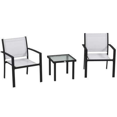 Outsunny Set de Jardín con Tavolino en Vidrio y 2 Sillas Apilables en Tela de Red, Gris Claro