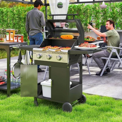Outsunny 3-Burner Gas BBQ Grill with Lid - Black