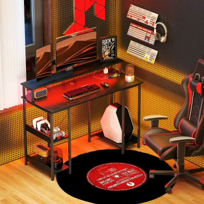 HOMCOM Computerschreibtisch mit Steckdosen, Lichtern, Monitorhalter und Regal, 120x50cm, Schwarz