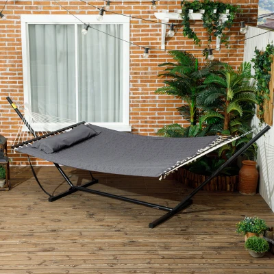 Outsunny Hängematte mit integriertem Kissen, aus Baumwolle, Polyester und Stahl, 368x93x110 cm, Dunkelgrau