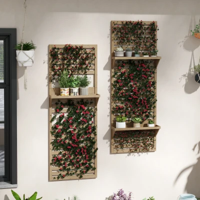 Outsunny Lote de 2 soportes para plantas interiores con estantes y celosía 60x18x170 cm Madera Natural
