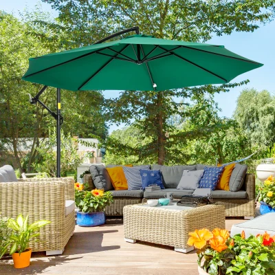 Outsunny Parasol desplazado hexagonal 2,9 m inclinable con manivela y dispositivo de rotación 360 ° protección UV acero Verde