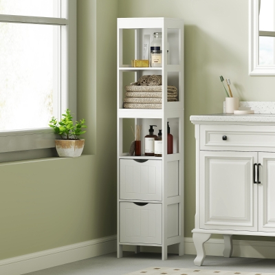 HOMCOM Armoire Salle de Bain Blanc MDF 2 Tiroirs 3 Étagères