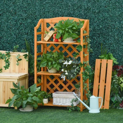 Outsunny Estantería de Flores Plegable - Soporte para Macetas de 4 niveles con listones ajustables - panel posterior de enrejado