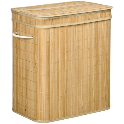 HOMCOM Cesto de Ropa de Bambú con Tapa y Asas capacidad 90 litros con 2 secciones y una bolsa extraíble de tela - 54,2x35,2x59,5 cm