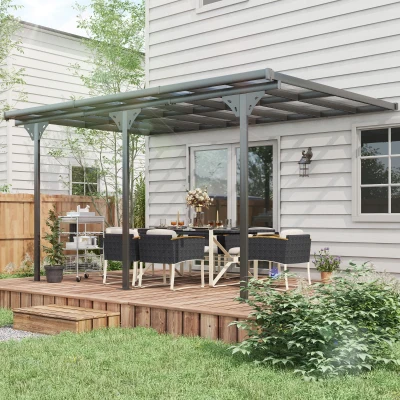 Outsunny Pérgola adosada de aluminio 4,5x3 m pérgola de jardín exterior con techo de policarbonato Anti-UV, canalón integrado