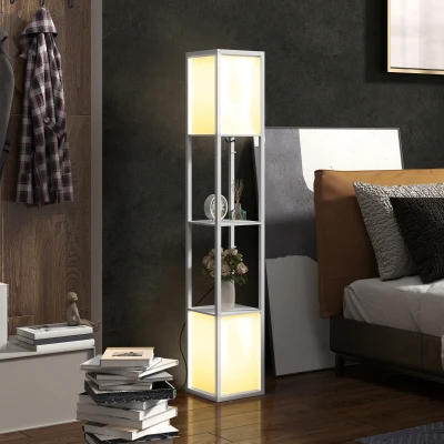 HOMCOM Lampara de Pie Salon lampara salon moderna lampara de pie con estantes pantalla de tela y doble iluminación Blanco