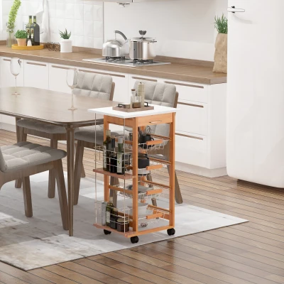 HOMCOM Küchenwagen in Braun aus Holz mit 1 Schublade und 4 Metallkörben