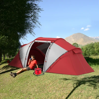 Outsunny Familien-Campingzelt für 4-6 Personen, wasserdichtes, leichtes Kuppelzelt mit Belüftung, 2 Kabinen, Fenster, große Tür Grau Rot