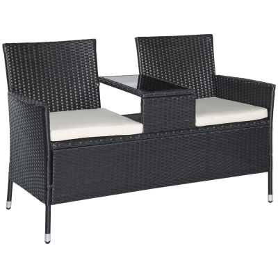 Outsunny Banca de Jardín de Poliratán 2 Plazas Resistente a los Rayos UV Banco con Mesa Cojín Respaldo Muebles de Jardín 133x63x84 cm