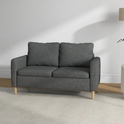 HOMCOM Sofá de 2 plazas estilo contemporáneo bolsillos en los reposabrazos patas de madera revestimiento tela aspecto lino - Gris