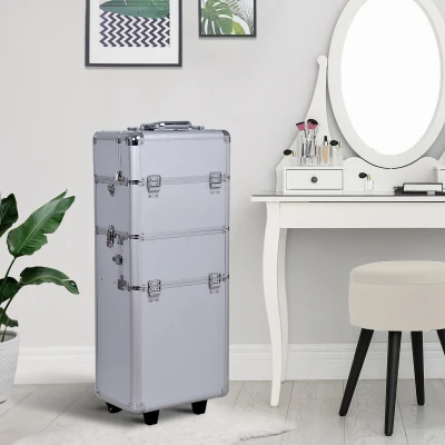 HOMCOM Schminkkoffer 2-in-1 mit auf 3 Höhen einstellbarem Griff und Rollen, professioneller Make-up-Trolley aus Aluminium, 35,5x23x105 cm, Silber