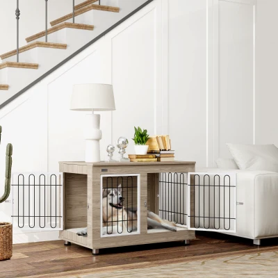 PawHut Jaula para perros mueble jaula perros interior mesa auxiliar multiusos con doble puerta y cojín