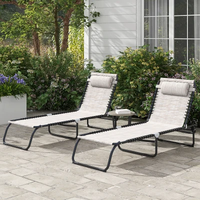 Outsunny Set mit 2 Sonnenliegen klappbarer Liege mit mehreren verstellbaren Positionen Stahl elastische Schnürungen Textilene Creme