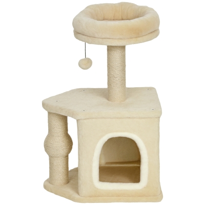 PawHut Arbre à Chat 66cm avec Lit, Grotte et Poteau Jute Beige