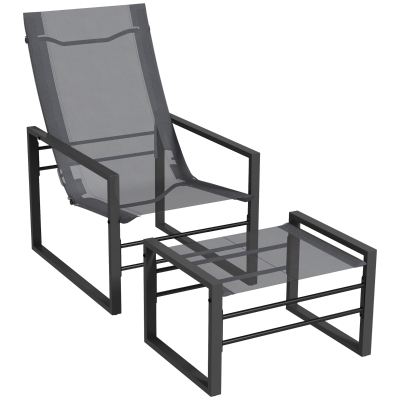 Outsunny Conjunto de sillón reclinable de jardín con reposapiés, tumbona, estructura de metal y tela mesh transpirable - Gris