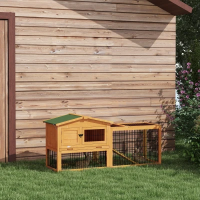 PawHut Clapier 2 Étages Bois Jaune avec Rampe 150 cm