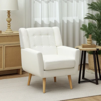HOMCOM Sillón con Reposabrazos Sillón Butaca Sillón Tapizado Patas de Madera Estilo de Estampado de Botones Blanco