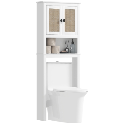 HOMCOM Meuble Toilette Rotin 2 Portes Étagère Ajustable Blanc
