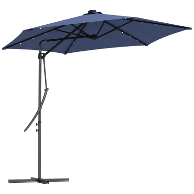 Outsunny Sombrilla de jardín, parasol, LED, panel solar, resistente a la intemperie, incl. funda protectora, 290x260 cm, Azul Oscuro