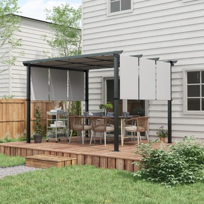 Outsunny Pérgola con 3 toldos deslizantes 3,5x3x2,35 m estructura metal epoxi anticorrosión Negro tela poliéster Gris