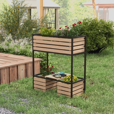 Outsunny Jardinera de dos niveles, resistente a la intemperie, 3 maceteros, 83x39x100 cm, Natural + Negro