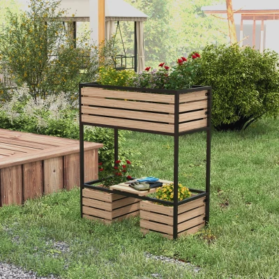 Outsunny Jardinera de dos niveles, resistente a la intemperie, 3 maceteros, 83x39x100 cm, Natural + Negro