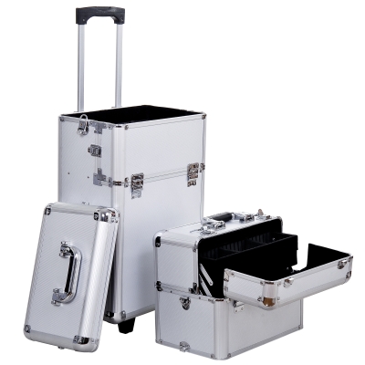 HOMCOM Schminkkoffer 2-in-1 mit auf 3 Höhen einstellbarem Griff und Rollen, professioneller Make-up-Trolley aus Aluminium, 35,5x23x105 cm, Silber