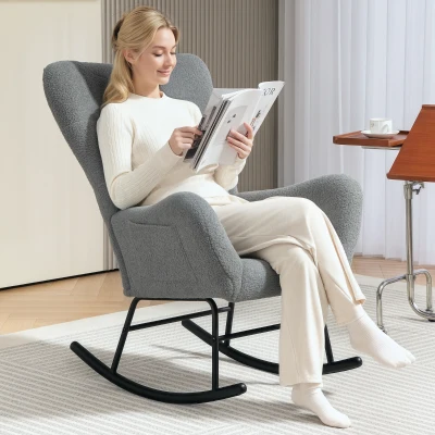 HOMCOM Sillón Mecedora tejido de felpa cojín lumbar antideslizante hasta 120 kg Gris