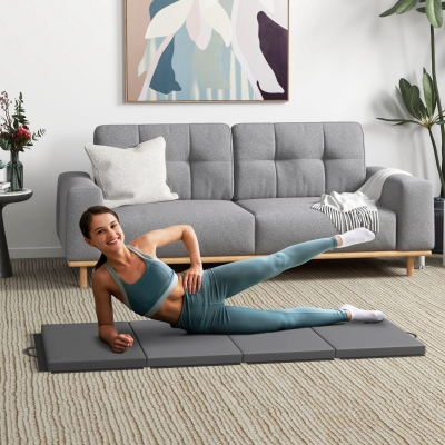 HOMCOM Tapete de gimnasia yoga pilates fitness plegable en 4 con asas revestimiento sintético 180x80x5 cm Gris
