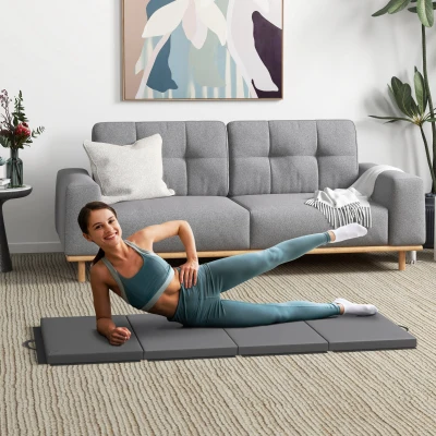 HOMCOM Tapete de gimnasia yoga pilates fitness plegable en 4 con asas revestimiento sintético 180x80x5 cm Gris