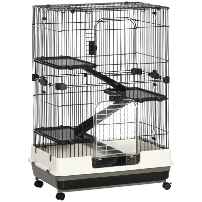 PawHut Jaula para pequeños animales rodante 3 plataformas desmontables 3 rampas bandeja inferior extraíble metal PP 81,2x52,7x114 cm