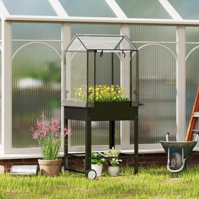 Outsunny Jardinera elevada con cubierta de plástico, jardinera con ruedas y agujero de drenaje 67x69x147 cm Negro
