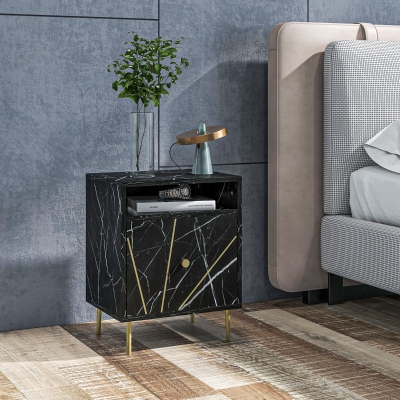 HOMCOM Mesinha de Cabeceira com Efeito Mármore Compartimento Aberto e Gaveta Mesa de Cabeceira para Quarto 39x30x50 cm Preto