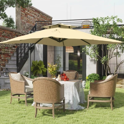 Outsunny Parasol desplazado 3 m cuadrado giratorio a 360° con mecanismo hidráulico doble techo base cruzada mástil de aluminio Beige