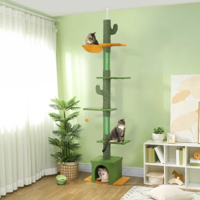 PawHut Árbol para gatos, altura 275cm, 6 niveles para gato de interior, de suelo a techo, con plataformas, caseta, hamaca, Verde