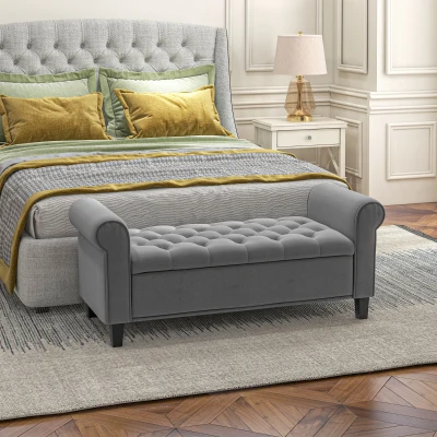 HOMCOM Banco de Cama en Tela de Terciopelo con Espacio de Almacenamiento y Reposabrazos 126x48,5x57 cm Gris