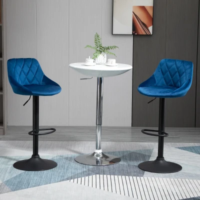 HOMCOM Set 2 Barhocker, Höhenverstellbar mit Metallsockel und Samtsitz, Moderne Barhocker mit Rückenlehne und Fußstütze, 46x48x83-104cm, Blau