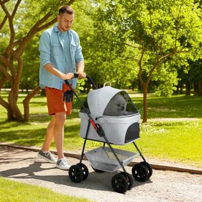 PawHut Chariot 3-en-1 Pliable pour Chiens et Chats Gris