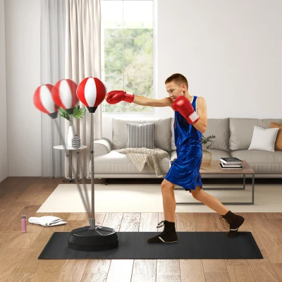 HOMCOM Saco de boxeo de pie Punching ball en pie ajustable en altura 126-144 cm con guantes, bomba y base con peso