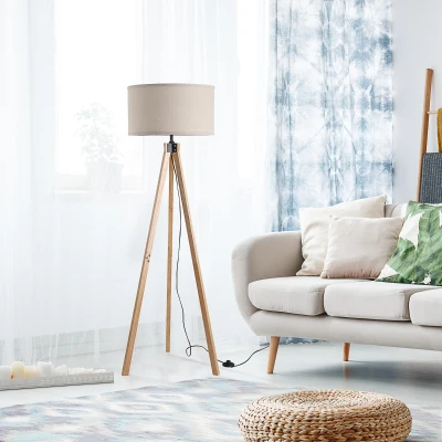 HOMCOM Lampara de Pie Trípode Estilo Escandinavo 40 W máx 45x45x152 cm madera de pino lino Beige