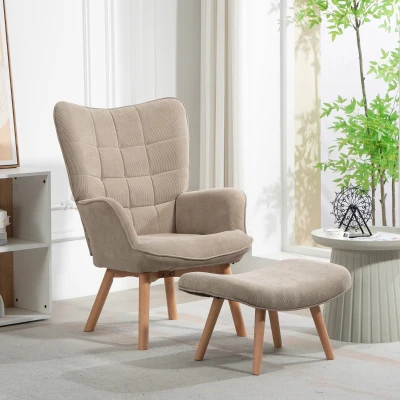 HOMCOM Sillón de Acento con Otomana Sillón de relax Imitación de Terciopelo Sillón con Reposabrazos de Patas de Madera