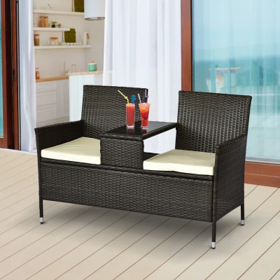Outsunny Banco de jardín de diseño contemporáneo 133x63x84 cm banco doble silla con cojines de asiento+mesa integrada resina trenzada