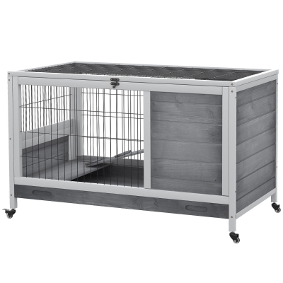 PawHut Cage Bois Lapin avec Roues et Rampe 90x53x59cm Gris
