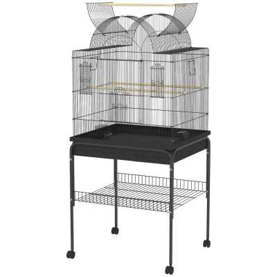 PawHut Cage à Oiseaux pour Canaris & Perruches, mobile, avec étagère inférieure, grille en métal, Noir