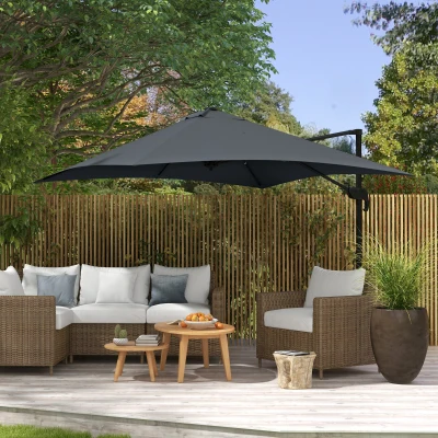 Outsunny Parasol desplazado cuadrado inclinable giratorio 360° con manivela y base de aluminio 3x3x2,6 m Gris oscuro