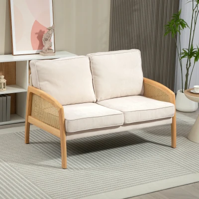 HOMCOM Canapé 2 Places Chenille Beige Rotin Synthétique